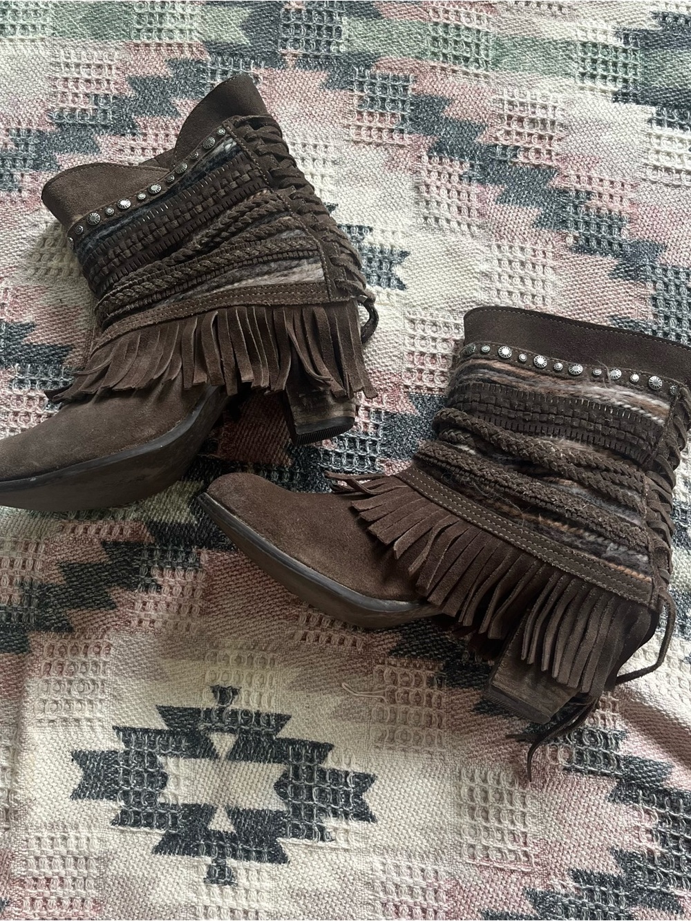 Naughty monkey Brown Suede Fringe Ankle Booties with Stud and Braided Detail